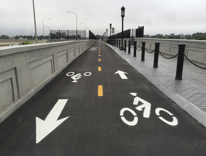 A bicycle path on the Washington Bridge in Providence, Rhode Island.